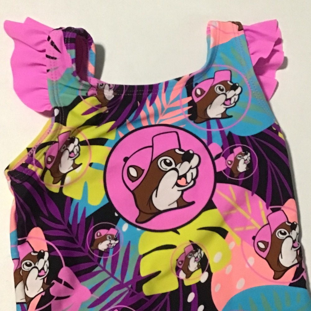 Buc-ee's Girls 2T One Piece Swimsuit Tropical Beaver Print Pink Ruffle Bow Back - Picture 2 of 6